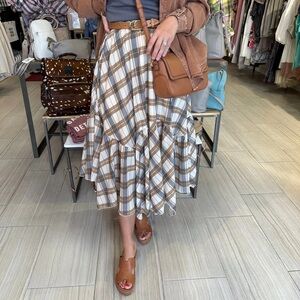 Blu Pepper Brown and White Plaid Midi Skirt